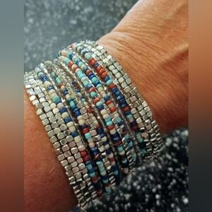 Seedbead Cuff Bracelet, 7" length, Silver, Turquoise, Brown, White